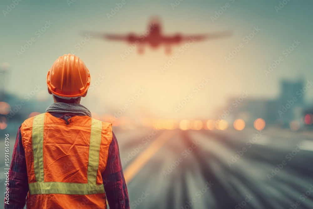Fototapeta premium Construction worker in safety gear observes airplane landing at dusk over busy runway