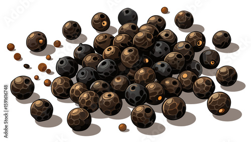 Whole black peppercorns scattered across a white background, round and shiny. Their natural form and subtle reflections add realism and spice-inspired depth to any culinary vector setting.