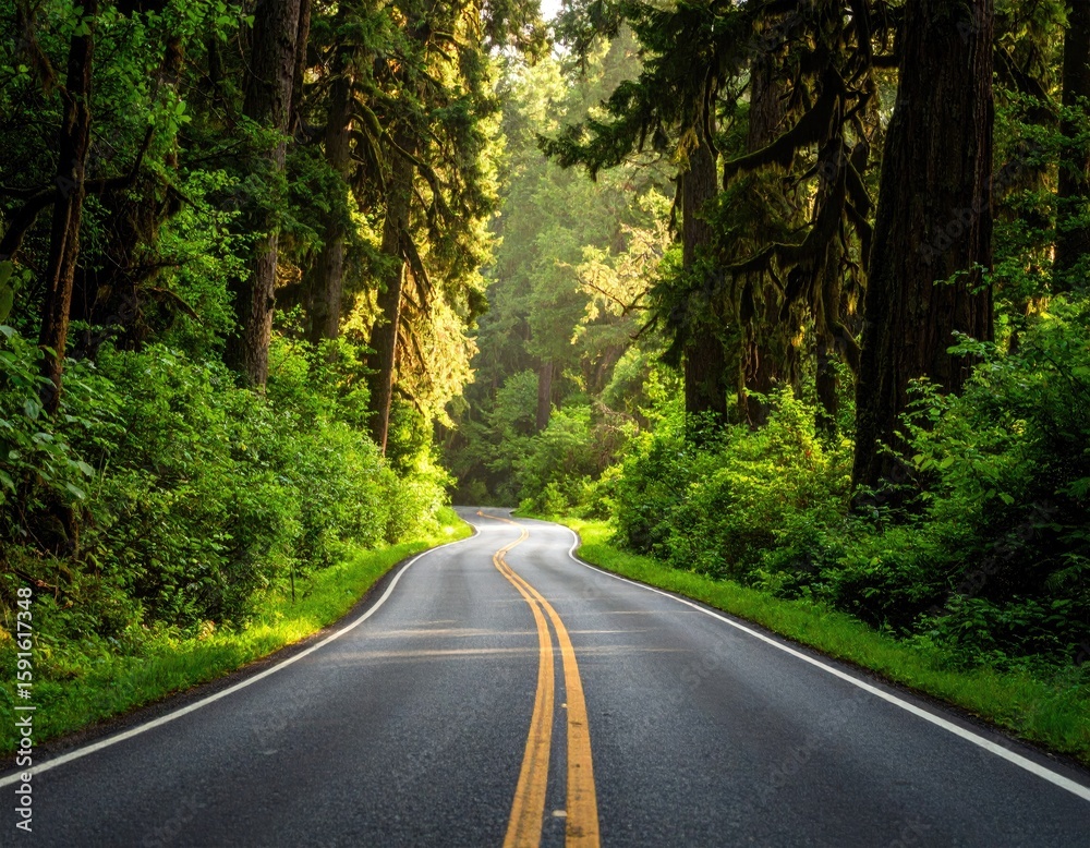 Obraz premium Winding road through a lush forest (3)