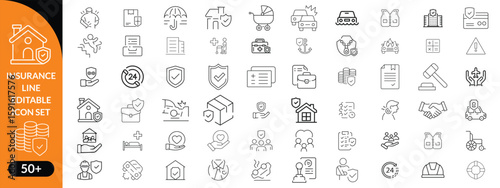 Insurance line editable icon set. Contain icons related to Insurance, protection, care, safety, assurance, and more. Editable stroke. Vector illustration big icon set