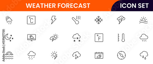 Weather Forecast vector web line icon collection, sleek illustrations of clouds, sun, thermometers, forecasts for clear, dynamic designs.