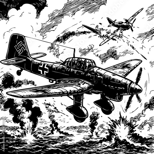 "WWII German Dive Bomber in Aerial Battle – Black and White Warplane Ink Art"