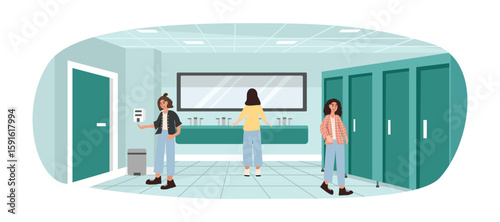 Woman toilet. Public restroom. Girl washing hand. Public toilet. Bathroom mirror.