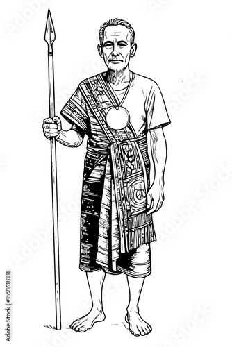 Black and White Tribal Elder Illustration – Traditional Attire with Spear