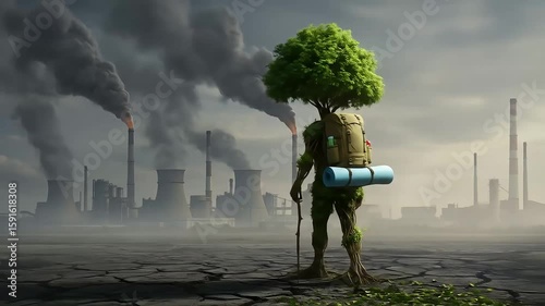 Tree-Shaped Figure With Backpack Wandering Through A Barren Landscape Near Industrial Factories Emitting Smoke Under A Cloudy Sky