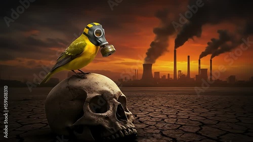 Yellow Bird Wearing Gas Mask Perched On Human Skull with Industrial Background During Sunset