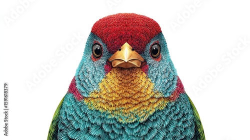 Vibrant bird portrait red head, turquoise plumage, gold beak stares directly