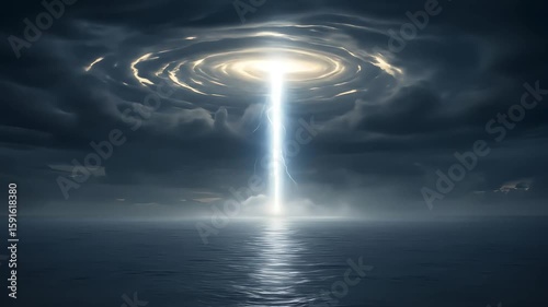 Mysterious Beam Of Light Descending Into Ocean From Stormy Dark Sky Above Generating A Dramatic And Surreal Atmosphere