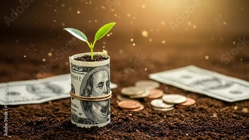 Roll Of Hundred Dollar Bills With Growing Plant And Coins On Earthy Background Under Bright Light