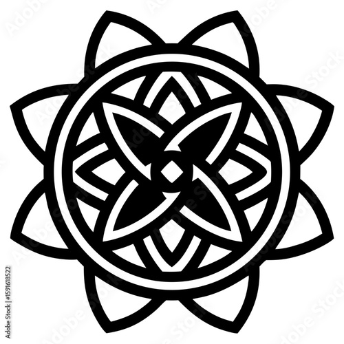 A striking Celtic knotwork mandala silhouette showcases endless looping lines reflecting historic Celtic art influences rendered in stark black, perfect for heritage designs.