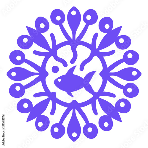 Graceful coral branches, vibrant fish, and serene ocean bubbles unite in this blue mandala, displayed against a crisp white backdrop, echoing underwater tranquility.