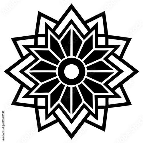 An elegant black Art Deco mandala showcases gold geometric symmetry with roaring twenties style lines, embodying classic vintage and ornamental design elements.