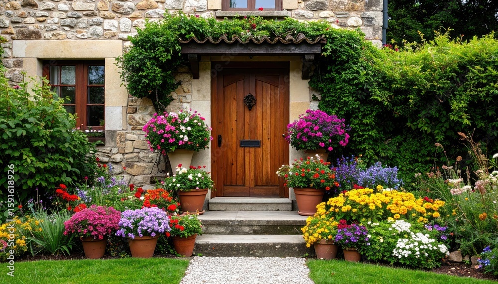 Naklejka premium Colorful flowers and plants adorn a stone house's entrance