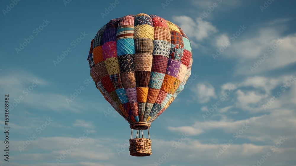 Naklejka premium Colorful patchwork hot air balloon floats in a partly cloudy sky