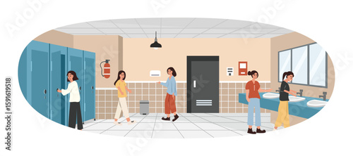 School toilet. Girl toilet. Public restroom. Toilet mirror. Washbasin. Sink