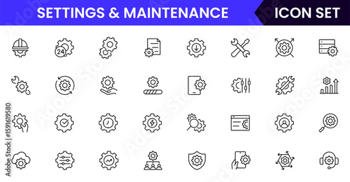 Settings and Maintenance vector web line icon collection, sleek illustrations of tools, gears, updates, configurations for efficient, technical designs.