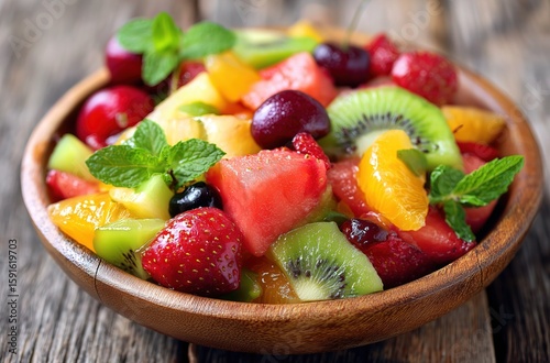 Colorful Fresh Fruit Salad Bowl Close-up on Wooden Table with Berries and Melon, Natural Light HDR Bokeh Vibrant Healthy Food Display