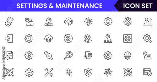 Settings and Maintenance vector web line icon collection, sleek illustrations of tools, gears, updates, configurations for efficient, technical designs.
