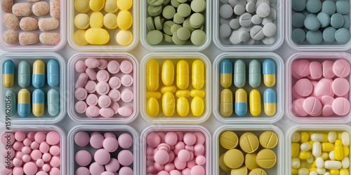 plastic containers filled with colorful pharmaceuticals, showcasing medical products, vitamins, and over-the-counter drugs