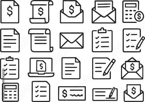 Financial document and calculator icon set finance