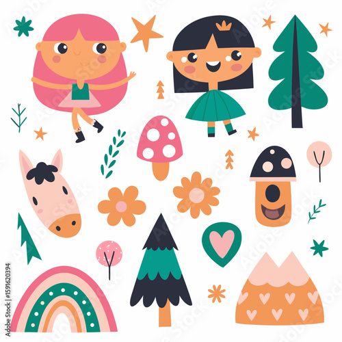 Whimsical hand-drawn illustration with girl, animals, and rainbow