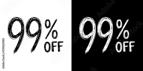 Discount label showing 99% off, pencil drawing, isolated vector image, two design variants - on transparent and black background, chalk inscription
