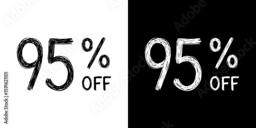 95% off promotional discount, pencil drawing, isolated vector image, two design variants - on transparent and black background, chalk inscription
