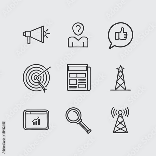 Collection of modern flat line icons representing marketing and business concepts
