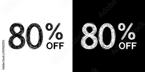 80% off discount promotion, pencil drawing, isolated vector image, two design variants - on transparent and black background, chalk inscription

