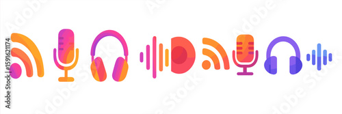 Colorful podcast and audio icons representing various audio elements and equipment for digital media production