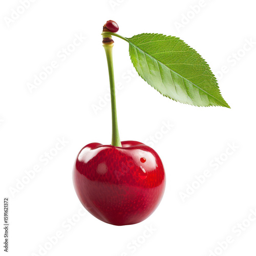 Ripe red cherry with green leaf