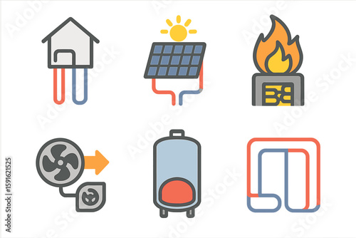 Various energy sources and heating options represented through simple icons in a clean design