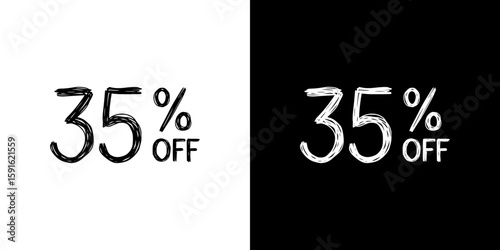 Discount label with 35% off, pencil drawing, isolated vector image, two design variants - on transparent and black background, chalk inscription
