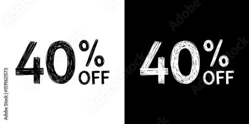 Discount 40% off text, pencil drawing, isolated vector image, two design variants - on transparent and black background, chalk inscription
