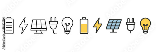 Energy icons representing renewable power sources and electricity usage in modern technology