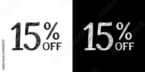 Discount 15% percentage sign in pencil drawing style,  isolated vector image, two design variants - on transparent and black background, chalk inscription
