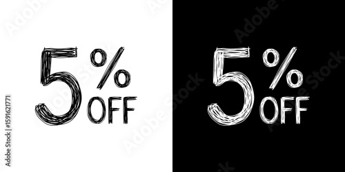 Percentage discount of 5% in pencil drawing style, isolated vector image, two design variants - on transparent and black background, chalk inscription
