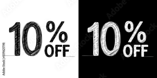Discount sign with 10% off in pencil drawing style, isolated vector image, two design variants - on transparent and black background, chalk inscription
