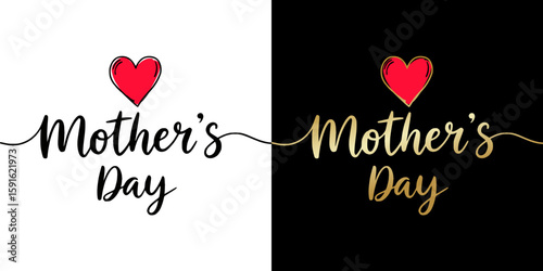 "Mother's Day" design with heart, line inscription, isolated vector image, two design variants - on transparent and black backgrounds