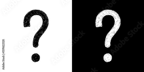 question mark, pencil drawing, isolated vector image, two design variants - on transparent and black background, chalk inscription
