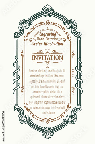 Elegant Vintage Engraving Invitation Frame with Scrollwork and Customizable Text Areas.