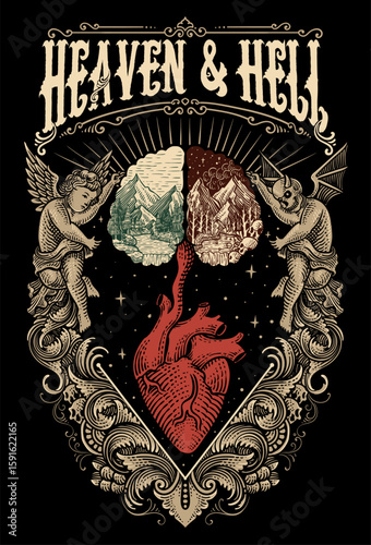 Illustration of Heart Between Heaven and Hell in Vintage Angelic and Demonic Engraving Ornament Style - Vector Design