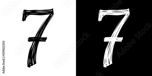 Isolated vector image of a pencil drawing number 7, two design variants - on transparent and black background, chalk inscription
