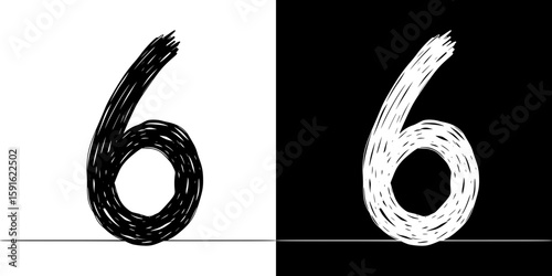 Pencil drawing of the number 6 six, isolated vector image, two design variants - on transparent and black background, chalk inscription