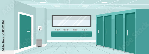 Wash room illustration. Toilet interior. Corporate toilet. University restroom. Wash stand. Wash basin. Rubbish bin.