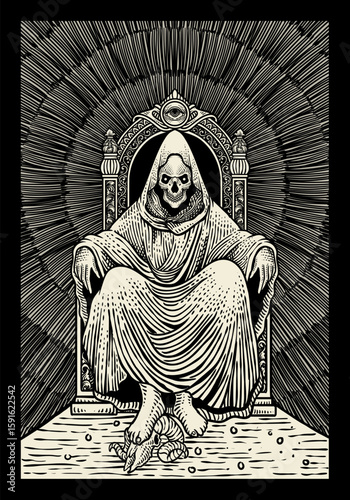 Illustration grim reaper sitting on a throne 