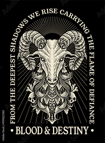 Illustration of Ram Head with Gothic engraving ornament Motif and Skulls – Blood and Destiny Dark Art Vector Illustration