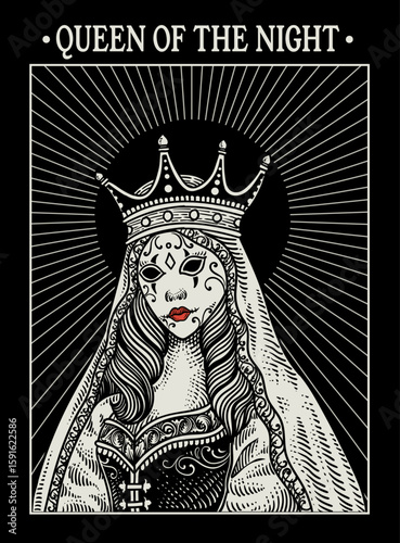 Queen of the Night with Ornate Crown and Mysterious Mask – Gothic Female Portrait Vector Illustration