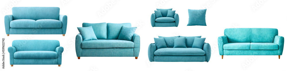Fototapeta premium Set of Modern Turquoise Sofas and Armchairs Isolated on White