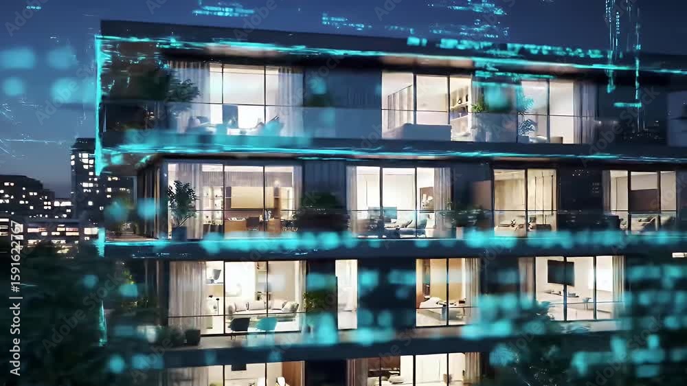 Modern Multi Story Apartment Building at Night with Balconies and Green Trees Under Blue Sky
